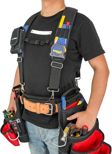 Image of MELOTOUGH Tool Belt Suspenders Construction Work Belt Suspenders with detachable phone holder comfortable foam shoulder padder (Blue)