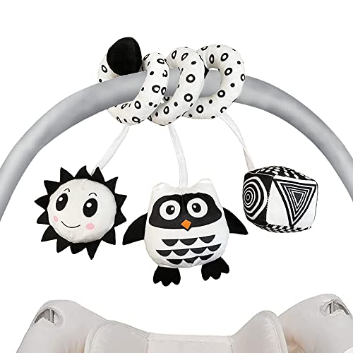 Image of Hanging Toys for Car Seat Crib Mobile, Infant Baby Spiral Plush Toys for Crib Bed Stroller Car Seat Bar - Black and White Color Toy with Rattles Owl BB Squeaker Sun