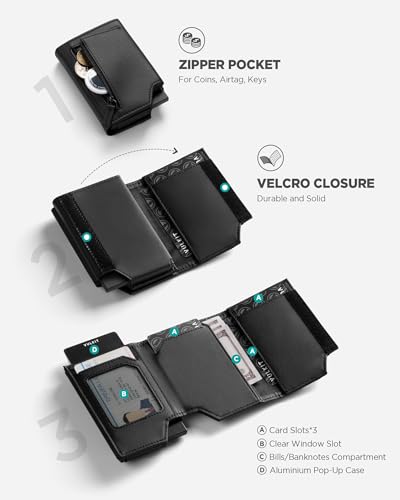VULKIT Mens Wallet for Max.12 Cards with Pop-Up Credit Card Ejector Case, ID Window, Cash/Bills Compartment and Coin Pocket, Hook and Loop Tape Closure, Giftbox Packed, Black Nappa Leather3