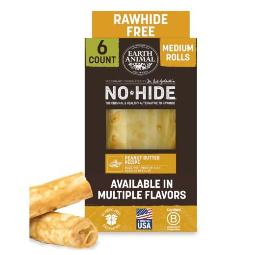 Earth Animal No Hide Chews - Long Lasting Rawhide Free Medium Dog Chews Rolls, Peanut Butter - 6 Count