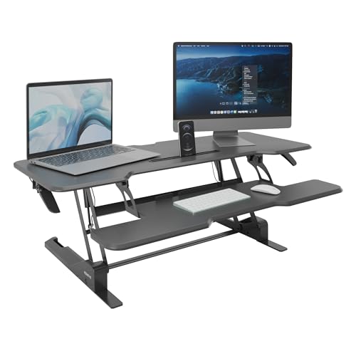 Mount-It! 47" Standing Desk Converter, XL Desktop Sit-Stand Desk Riser with Gas Spring Height Adjustment, Wide Desk Topper for Dual Monitors or Monitor & Laptop, Keyboard Tray, Black
