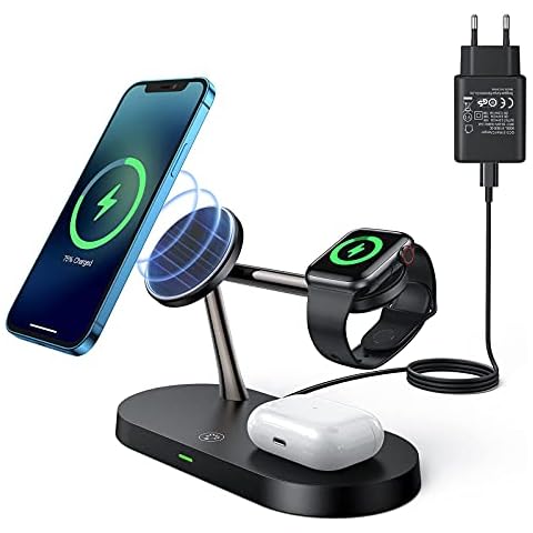 4 in 1 Magnetic Wireless Charger, Wireless Charging Station with Mag-Safe for iPhone 12/12 Pro/12 Pro Max/12 Mini, Airpods 2/Pro, iWatch SE/6/5/4/3/2, 15W Magnetic Charger with QC3.0 Adapter Cover
