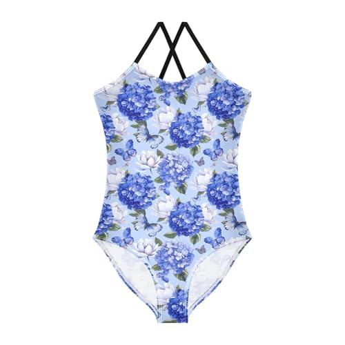 senya Girls Swimsuits One-Piece Swimwear Tie Bathing Suit Beach Summer Round Neck 5-6T Blue Flowers and Butterflies Pattern