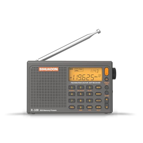 Image of SIHUADON R-108 Portable Radio AM FM SW LW Airband, Small Retro Emergency Radio Digital Battery Operated 5W Speaker Clock Radios with Alarm for Bedroom, Kitchen, Camping, Power Outage Use, Grey
