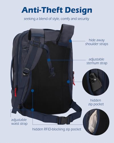 Hynes Eagle TSA Friendly Travel Backpack for Men Women Carry on Backpack 40L Flight Approved Laptop Backpack for 17 inches Compressible Weekender Bag Overnight Backpack Dark Blue with Waist Pack Black2
