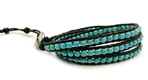 Blueyes Collection 3 Wrap Leather Bracelet -Open Minded- Charming Turquoise Gemstone 4Mm Bead #TOP28