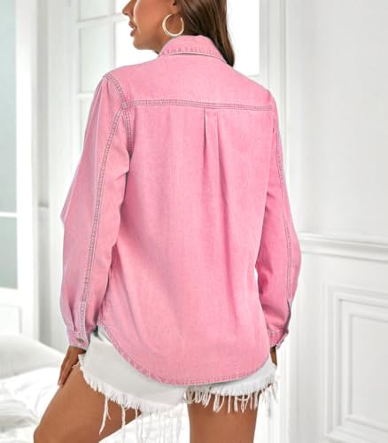 Denim Shirt Women Button Down Jean Blouse Long Sleeve Western Shirts Collared Casual Chambray Denim Tops Hot Pink XL3