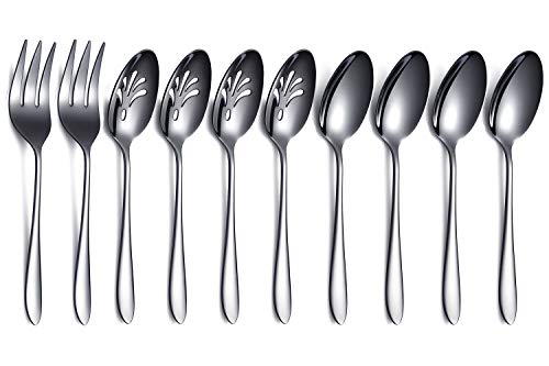 Juego de cubiertos negros para servir de 10 piezas, juego de utensilios para servir de acero inoxidable, incluye cuchara ranurada para servir, cuchara para servir, tenedor para servir