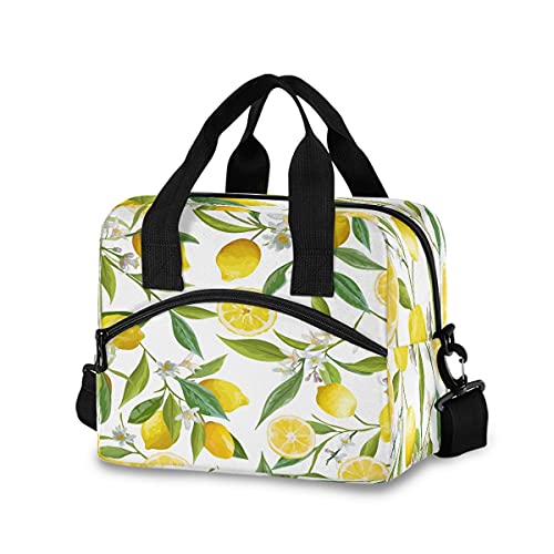 senya Lemon Flowers Lunch Bag Insulated Reusable Tote Bag for Girls Boys Women Men Thermal Cooler Bag with Adjustable Strap for Work School