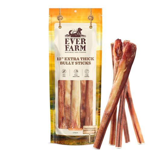 EVER FARM Pet Odor-Free Extra-Thick Jumbo Bully Sticks for Large Dogs (12", 5 Pack) – All-Natural, Long-Lasting Dog Chews Made from 100% Grass-Fed Beef, High-Protein & Grain-Free.