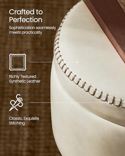 Image of VASAGLE Storage Ottoman, PU Leather Round Seat with Steel Legs | Vanity Chair Stool, with Stitching, Transitional, Loads 150 kg, Cream White and Ink Black, EKHO Collection ULOM005W01