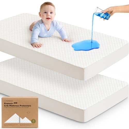 Image of 2-Pack Waterproof Crib Mattress Protector Cover Fitted - Quiet Baby Crib Mattress Pad Sheets, 52" x 28" Soft Quilted Cotton Baby Sheet, Machine Washable, Easy Fit, Durable (Soft White/Quin)