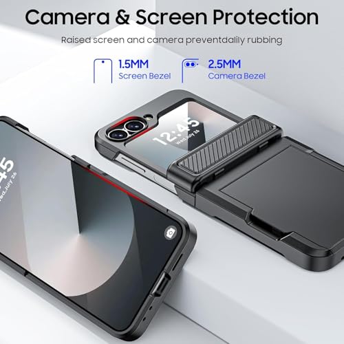 Image of Midkart Card Holder Case Compatible with Samsung Galaxy Z Flip 6 / Z Flip 7 FE with Hinge Protection Built-in Screen Protection Armor Cover Shockproof, Black