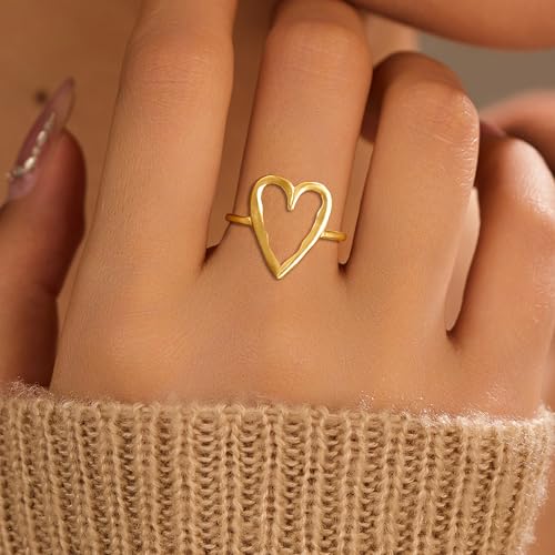 Irregular Hammered Hollow Heart Stackable Ring for Women 925 Sterling Silver Minimalist Stylish LOVE Heart Rings to Daughter Mom 14K Gold Plated Adjustable Open Band Ring Wedding Hallowmas Jewelry3