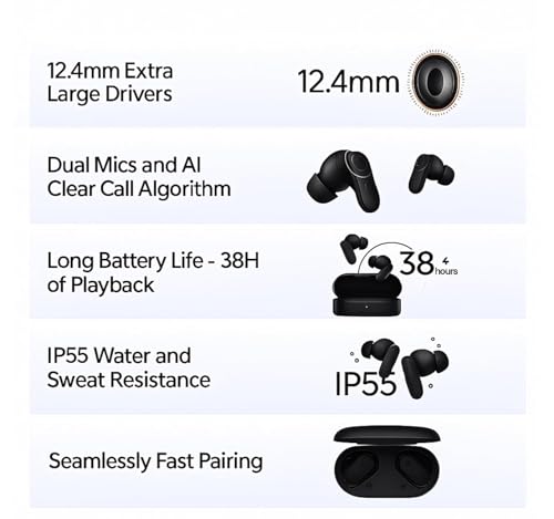 Image of Nord Buds 2R True Wireless Earbuds with 12.4mm Drivers Compatible with OnePlus, 38H Playback, Dual Mic AI Clear Calls, Bluetooth 5.3, IP55 Water Resistance, Fast Pairing (Deep Grey)