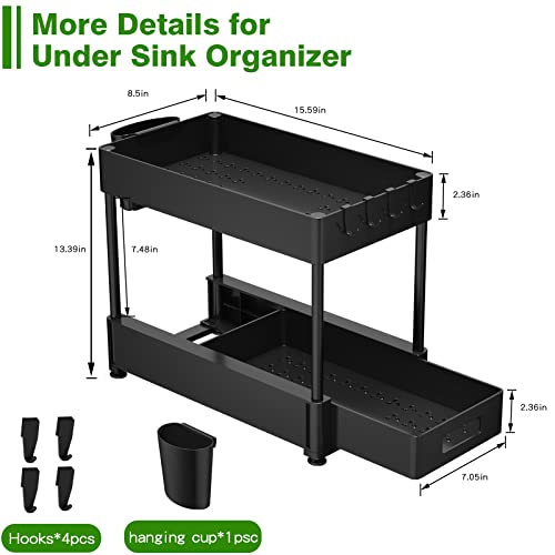 Under Sink Organizers And Storage 2 Pack, Zomilb Bathroom Organizer 2-Tier Sliding Kitchen Cabinet Organization With Hook, Hanging Cup, Multi-Purpose Under Sink Shelf Organizer For Home Storage, Black #TOP1