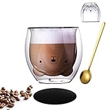 Yuragim Doppelwandige Gläser Tasse Bär, Süße Tassen Teegläser Kaffeeglas 250ml Kaffeetasse mit Löffel & Untersetzer, Kawaii Doppelwandige Isoliergläser Trinkgläser Geschenk für Geburtstag Valentinstag
