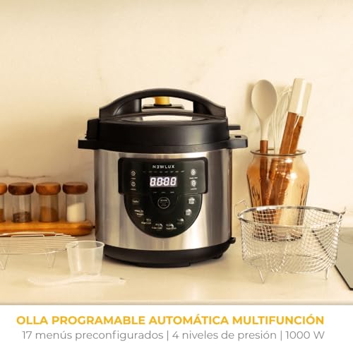 NEWLUX - Olla 6L Chef Pot V170, Olla a Presión Multifunción Eléctrica con Voz, 15 Funciones, 1000W, Programable 24h, 4 Niveles de Presión, Cubeta 100% Antiadherente | Accesorio para Freír - imagen 3