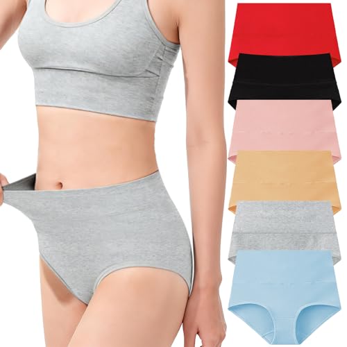 Image of marysgift Cotton Underwear Women High Waisted Knickers for Women 6 Pack Ladies Briefs Full Coverage Soft Breathable Pants Multipack Red/Black/Light Blue/Grey/Light Pink/Apricot XL UK 12 14