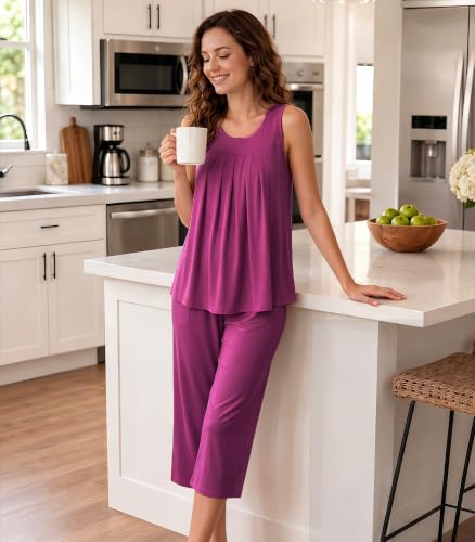 Image of NACHILA Pajamas for Women-Viscose Made from Bamboo, Sleeveless Pjs Tank Top Capri Pants Pajama Sets Cooling Sleepwear