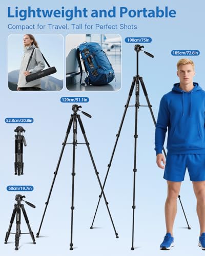 Image of 75 inch Camera Tripod, Aluminum Heavy Duty Camera Stand for ipad Phone, Travel Tripod with /Carry Bag /Phone Tablet Holder, Compatible with Canon Nikon Sony DSLR, Spotting Scopes, Max Load 15 Lb(Black)