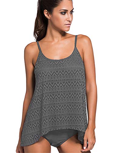 Qianmome Womens Layered Lace Mesh Swimsuit Solid Ruched Tankini Bathing Suit2