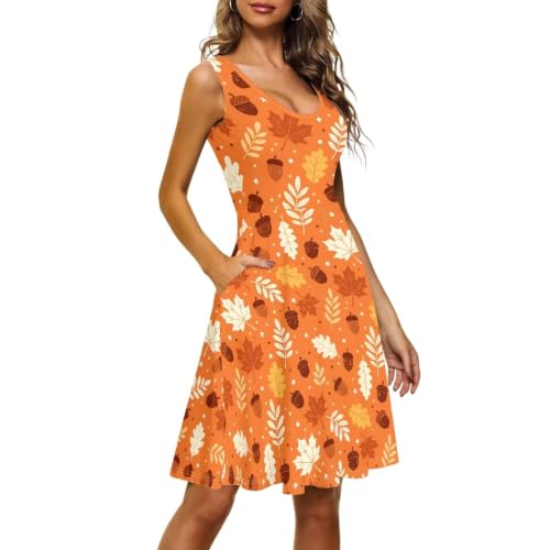 Image of Women Stylish Tank Dresses Sleeveless Round Neck Midi Casual Dress with Pocket for Summer