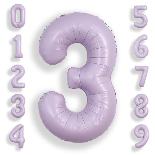 Image of SUWEN 40 Inch Light Purple Lavender Big 3 Balloon Number Foil Helium 0-9 | 3rd Large Giant Birthday Huge Mylar Jumbo Happy Party Anniversary Decorations