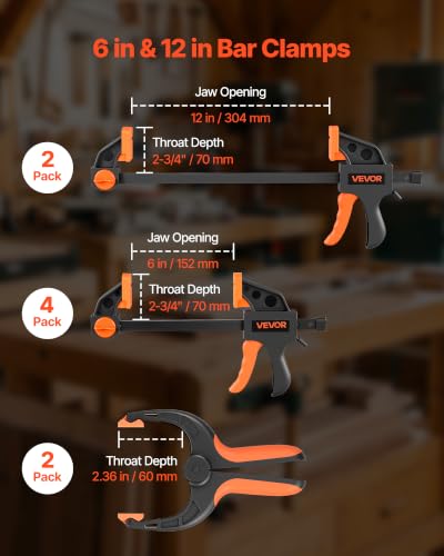 Image of VEVOR Bar Clamps for Woodworking, 8-Pack, 6 inch and 12 inch, with Spring Clamps, One-Handed Clamp /Spreader, 154 lbs Load Limit, Quick Release, Self-Locking Design, for Wood Working and Metal Working