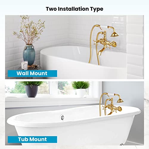 Gotonovo Gold Polish Wall Mount Clawfoot Tub Faucet Bathtub Filler With Handheld Shower Double Cross Handheld 6 Inch Center With Adapter Adjustable Swing Arms #TOP1