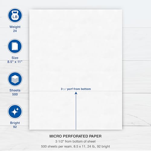 PrintWorks Professional 3 1/2" Horizontal Perforated Paper 8.5” x 11” - Perfect for W-2, 1099, & Statement Use - Made in the USA - 500 Sheets - 24 lb - Printer Compatible - White (04130) by PrintWorks - Image 3