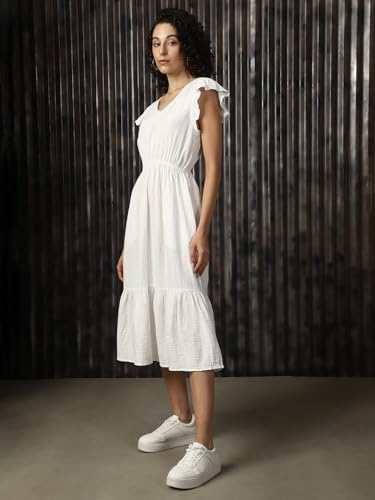 Image of High Star Women Cotton Solid Regular fit V-Neck Sleeveless Dresses