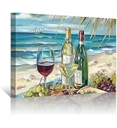 PBXBJY Coastal Canvas Wall Art Beach Picture Grapes and Wine Bottle Poster Prints Food Painting R...