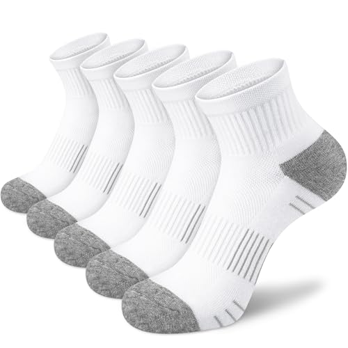 cuangya Performance Cushioned Ankle Socks Women White Running Socks Quarter Athletic Hiking Sports 5-Pairs