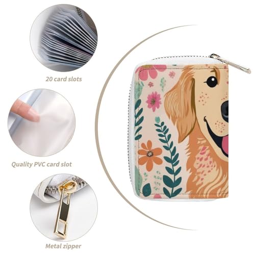 Womens Credit Card Wallet, Portable Mini Zipper Purse Golden Retriever Floral Dogs Card Holder Pu Leather Travel Organizer Bag4