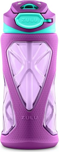 Image of ZULU Torque 16oz Plastic Kids Water Bottle with Silicone Sleeve and Leak-Proof Locking Flip Lid, Soft Touch Carry Loop for School Backpack, Lunchbox, BPA-Free Dishwasher Safe, Purple (Pack of 6)