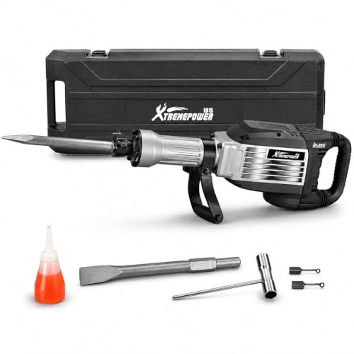 Image of XtremepowerUS 3600W Demolition Jack Hammer Concrete Breaker, 15 Amp Electric Jackhammer, 30mm Hex Shank, 50J Impact Energy, 1400 BPM, AVC System, 360 Side Handle, Flat & Point Chisels Included