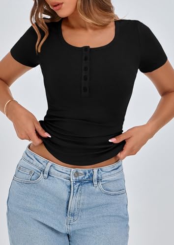 image for PRETTYGARDEN Women's 2025 Fall Summer Short Sleeve Tops Ribbed Henley 
