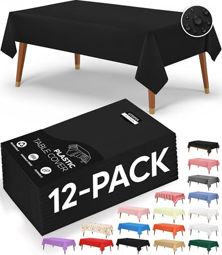 Utopia Kitchen Plastic Table Cloth Disposable (12 Pack - 54x108 Inch) Black Rectangle Tablecloth Waterproof Stain Resistant Party Table Cover