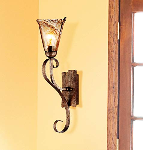 Franklin Iron Works Amber Scroll Rustic Wall Sconce Lighting Golden Bronze Metal Hardwired 23 1/2" High Fixture Amber Art Glass Decor For Bedroom Bathroom Bedside Home Kitchen (Colors May Vary) #TOP7