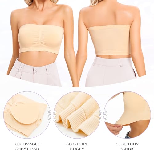 Image of Strapless Bras for Women Bandeau Bra Wireless Seamless Bandeau Top Comfort Padded Tube Top Bra Beige