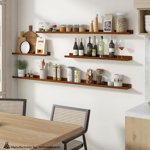 Image of Solid Wood Floating Wall Shelf | Premium Wall Mounted Wooden Shelf for Living Room, Bedroom & Office | Modern Minimalist Decor Shelf | 46 Inch | Teak Finish