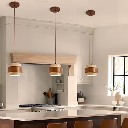 Wabi Sabi Pendant Light Set of 2, Yellow Travertine Pendant Light Fixture, 6.7 in Natural Stone & Wood Hanging Lamp for Kitchen Island, Hallway, Bedroom Bedside, Dining Room (E26 Base) by DLITISH - Used condition - Image 6