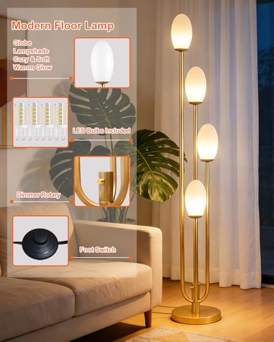 Image of Lightdot Gold Floor Lamp 4-Lights Dimmable Floor Lamps with Oval Lampshade 3000K Bulbs Included Unique Modern Standing Tall Lamp with 5Lbs Heavy Base for Living Room /Bedroom /Sofa Beside /Corner Decor