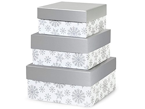 1 Set, Silver Snowflakes Nested Boxes Large 3 Piece Square Gift Boxes w/White Interiors In All Occasion & Christmas Designs