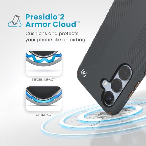 Image of Speck Samsung Galaxy S25 Case - Presidio 2 Grip + Magnet, 13-Foot Drop Protection, No-Slip Grips, Raised Bezel, Enhanced Buttons, Charcoal Grey /Cool Bronze