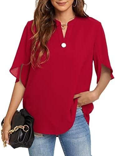 Funlingo Women's Summer Tops Short Sleeve Casual Shirts V Neck Chiffon Dressy Blouse Flowy Tops Red Small