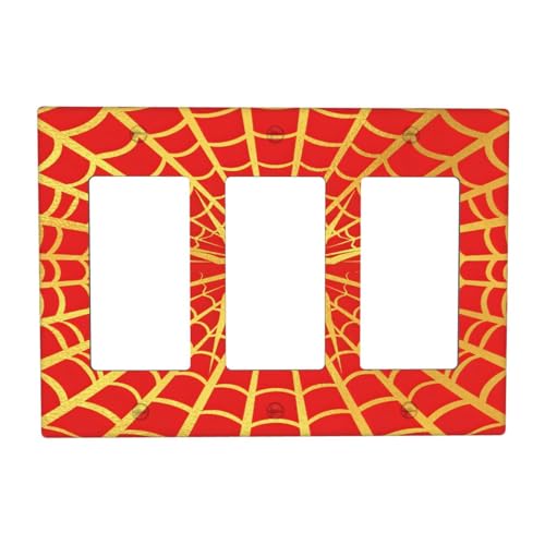 Decorative Outlet Covers Red Background with Golden Spiderweb Spider 3 Gang Outlet Cover Wall Plate Triple Rocker Light Switch Cover Plate Switch Plate Covers for Bedroom Decor