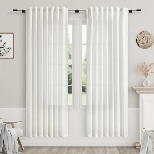 Image of Nanspring Off White Semi Sheer Linen Curtains 72 inch Length for Living Room Back Tab Rod Pocket Modern Farmhouse Coastal Decor Off White Cotton Textured Gauze Curtains for Dining Room Office 52x72
