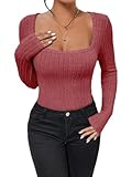  ticticlily Body Manche Longue Femme Sexy Chic Élégant Bodys en Tricot Côtes Bodysuit Manches Lanternes Col V Rond Jumpsuit Haut Tops Knitted Onesie Overall F Rose XL
